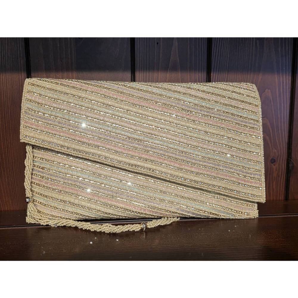 NEW DAVID JEFFERY women's crystal with pastel beads & chain handbag in gold